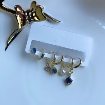 Zirkon Taşlı Mavi Tasarım 6'lı Küpe Set