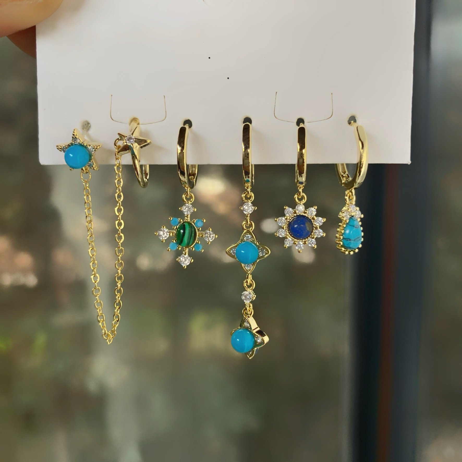 Mavi Taşlı Kuzey Yıldızı Figürlü 6'lı Küpe Set