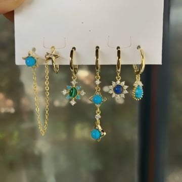 Mavi Taşlı Kuzey Yıldızı Figürlü 6'lı Küpe Set