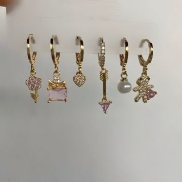 Pembe Taşlı Çiçek Kalp Figürlü 6'lı Küpe Set