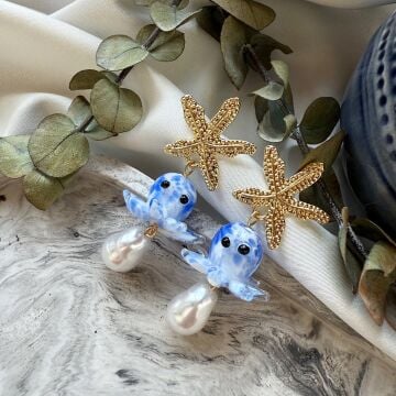 Ahtapot ve Deniz Yıldızı Tasarım Küpe