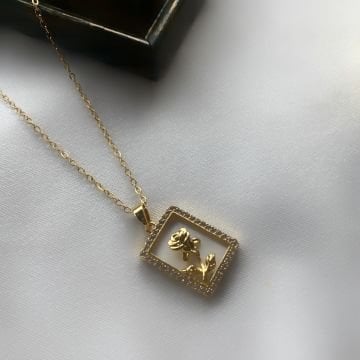 Taşlı Çerçeve Vintage Gül Çelik Kolye