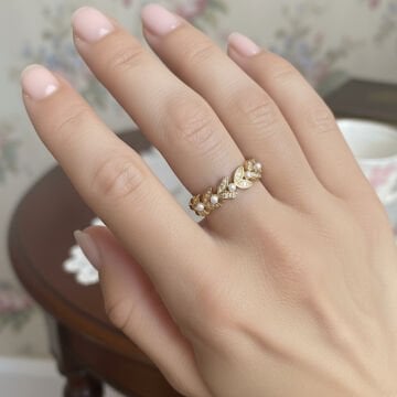 İnci Detaylı Yaprak Vintage Yüzük