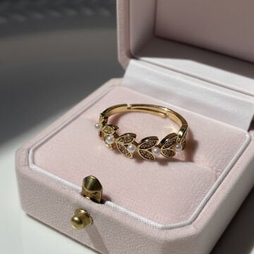 İnci Detaylı Yaprak Vintage Yüzük