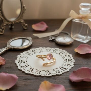 İnci Detaylı Pembe Çiçek Tasarım Vintage Yüzük