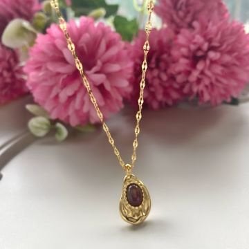 Vintage Oval Mürdüm Taşlı Çelik Kolye