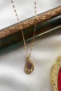 Vintage Oval Mürdüm Taşlı Çelik Kolye