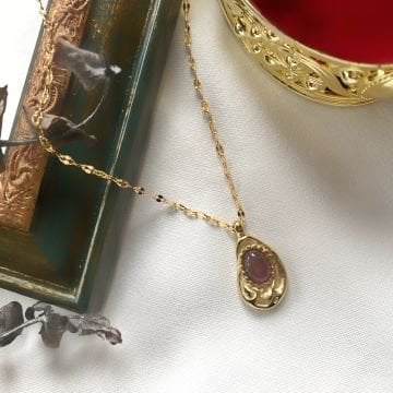 Vintage Oval Mürdüm Taşlı Çelik Kolye