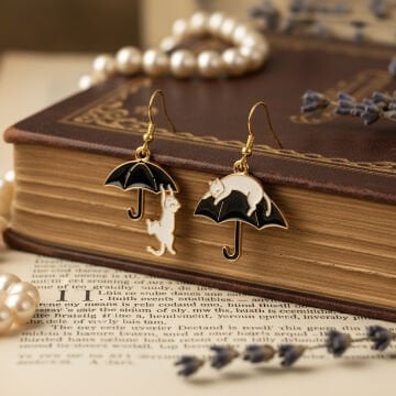 Beyaz Kedi ve Şemsiye Küpe