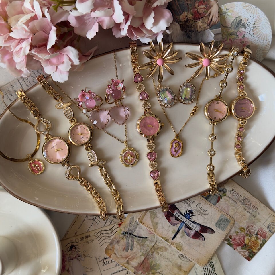 Pink Fairy Küpe Kolye Saat Set