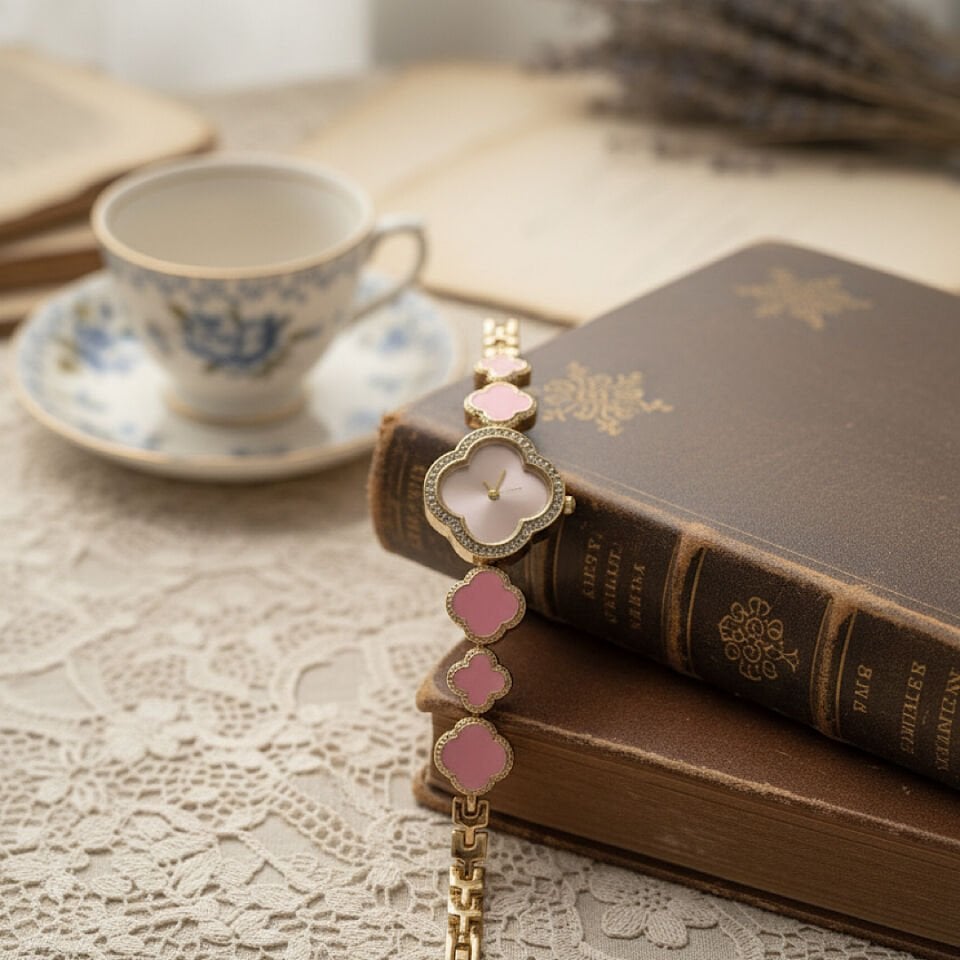 Pembe Yonca Model Taşlı Tasarım Saat