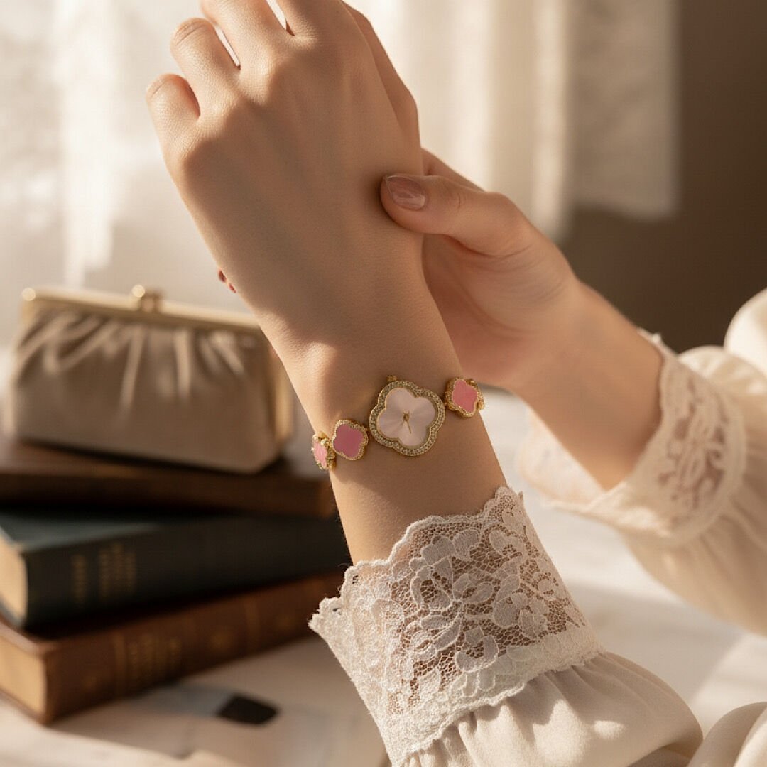 Pembe Yonca Model Taşlı Tasarım Saat