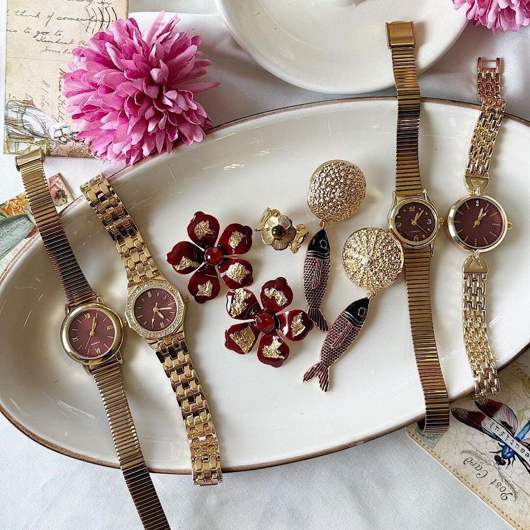 Bordo Saat ve Küpe Set