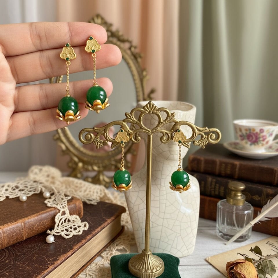 Doğal Yeşim Taşlı Vintage Gümüş Küpe