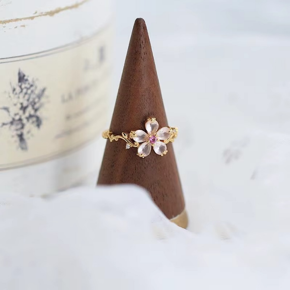 Vintage Pembe Çiçek Gümüş Yüzük