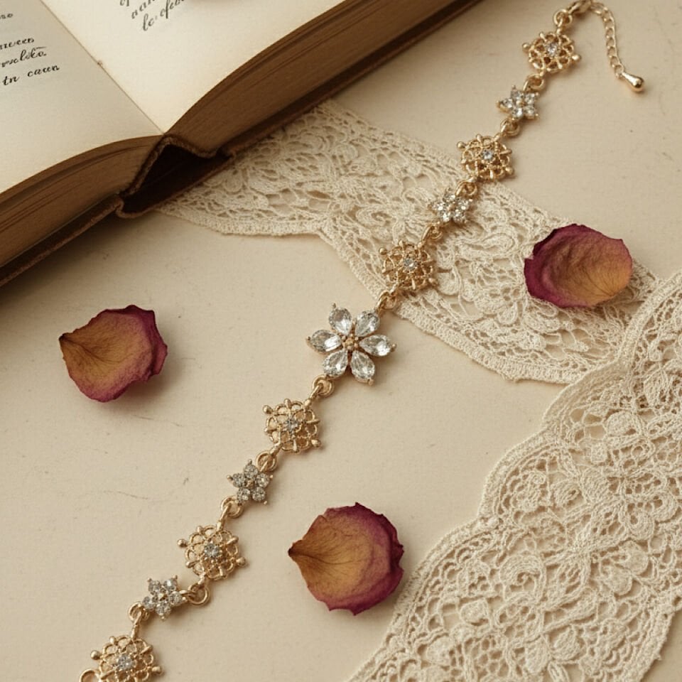 Vintage Zarif Kristal Taşlı Çiçek Bileklik