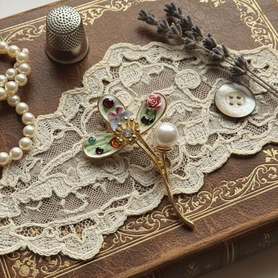 Kelebek Detaylı Çiçek Broş