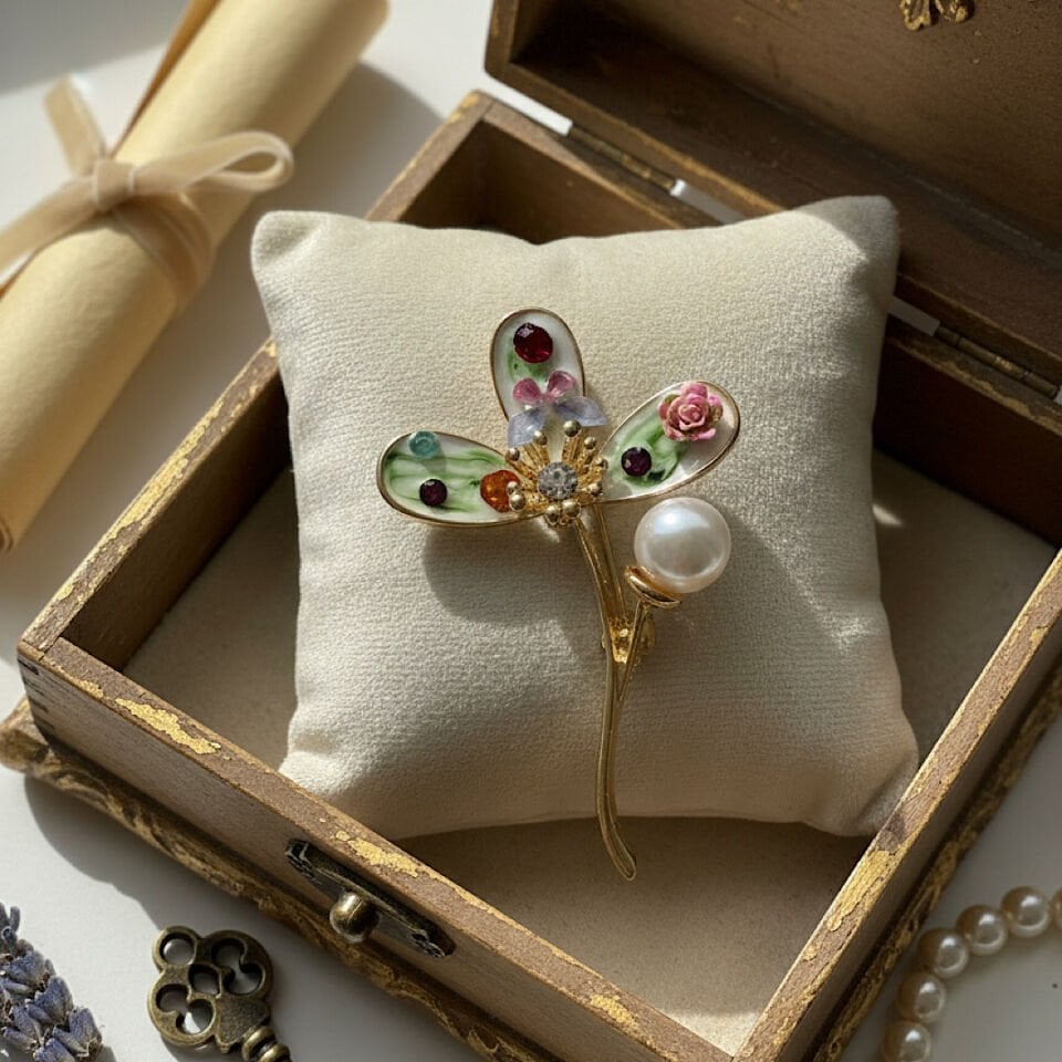 Kelebek Detaylı Çiçek Broş