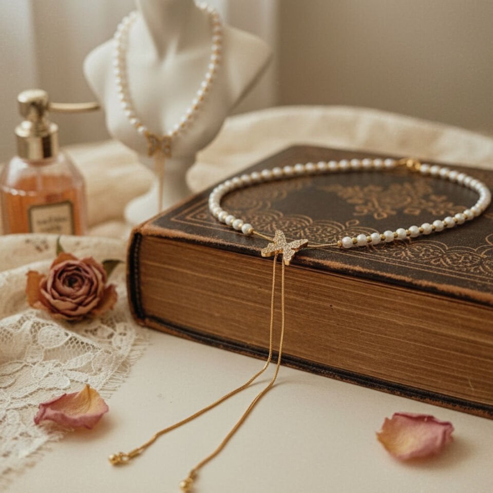 İnci Detaylı Kelebek Y Kolye