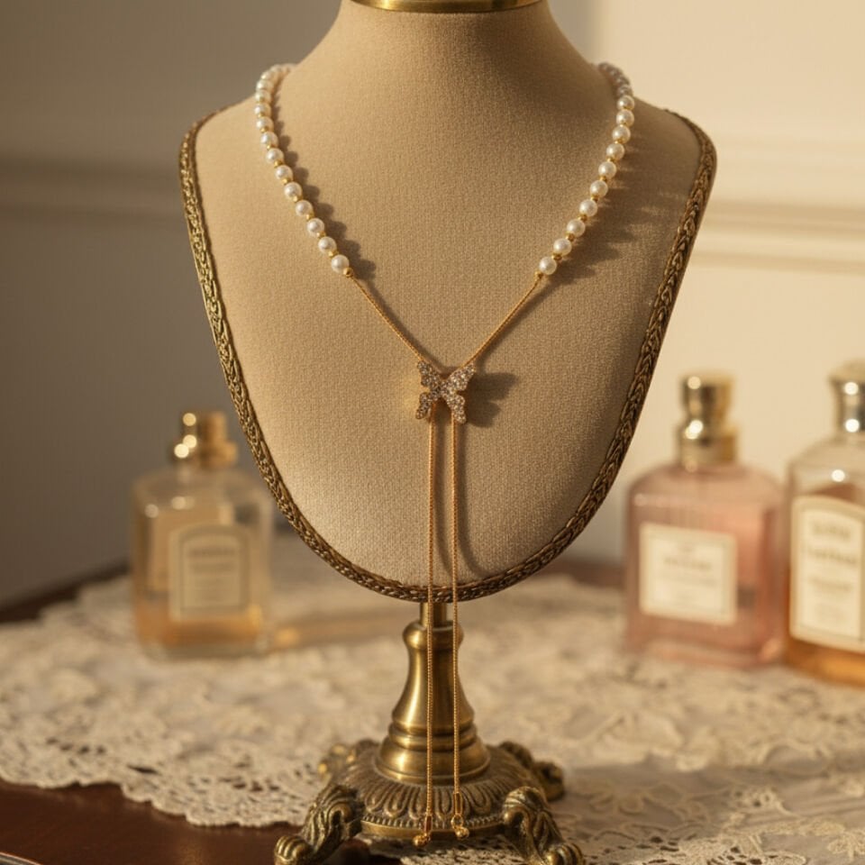 İnci Detaylı Kelebek Y Kolye