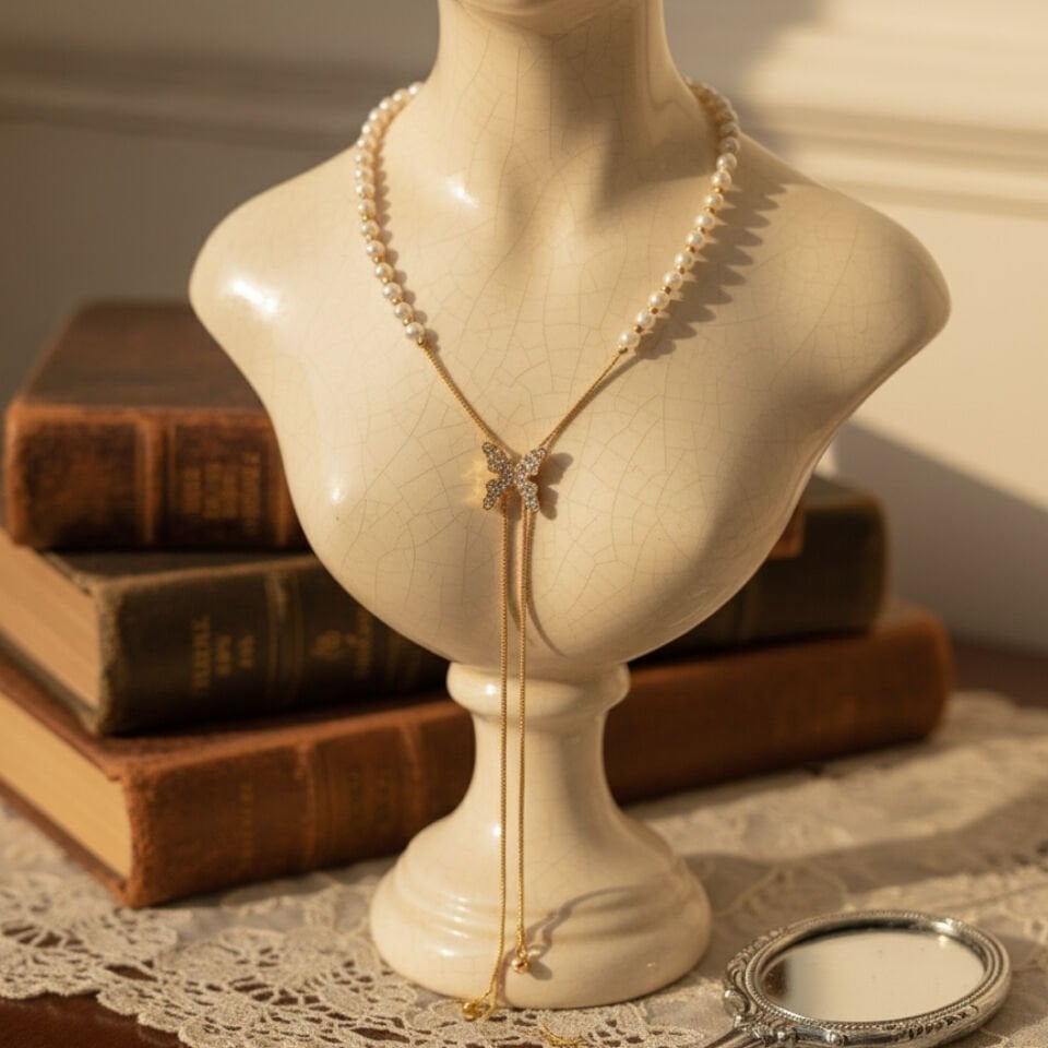 İnci Detaylı Kelebek Y Kolye