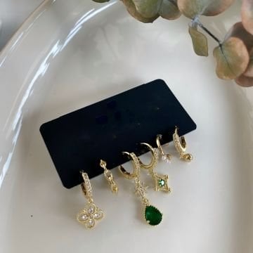 Yonca Figürlü Yeşil Taşlı 6'lı Küpe Set