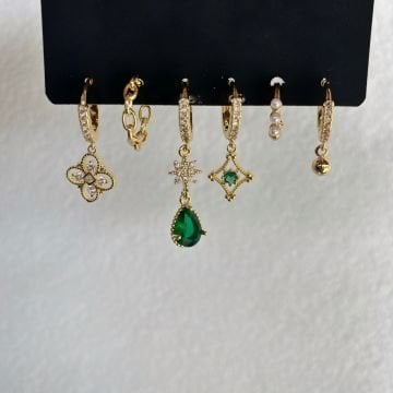 Yonca Figürlü Yeşil Taşlı 6'lı Küpe Set