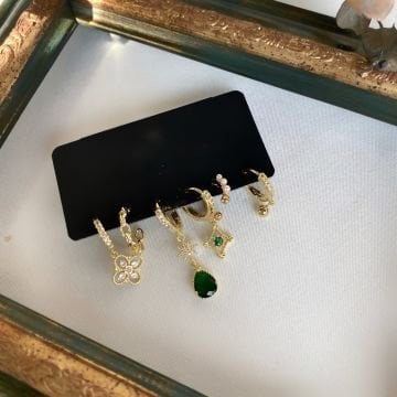 Yonca Figürlü Yeşil Taşlı 6'lı Küpe Set