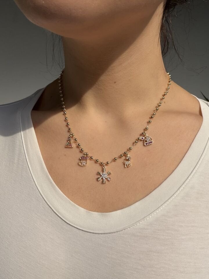 Yılbaşı Figürlü  ve Taşlı Kar Tanesi Charm Kolye