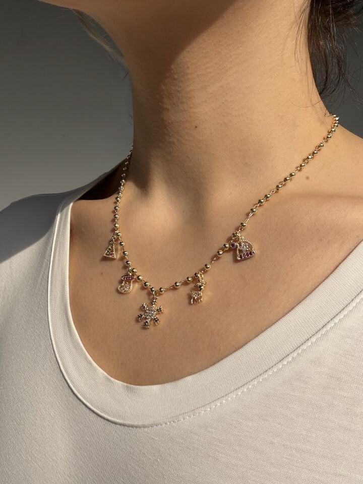 Yılbaşı Figürlü  ve Taşlı Kar Tanesi Charm Kolye