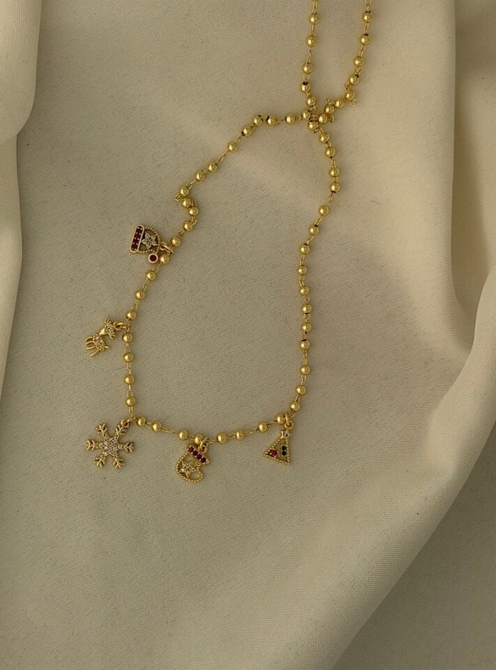 Yılbaşı Figürlü  ve Taşlı Kar Tanesi Charm Kolye