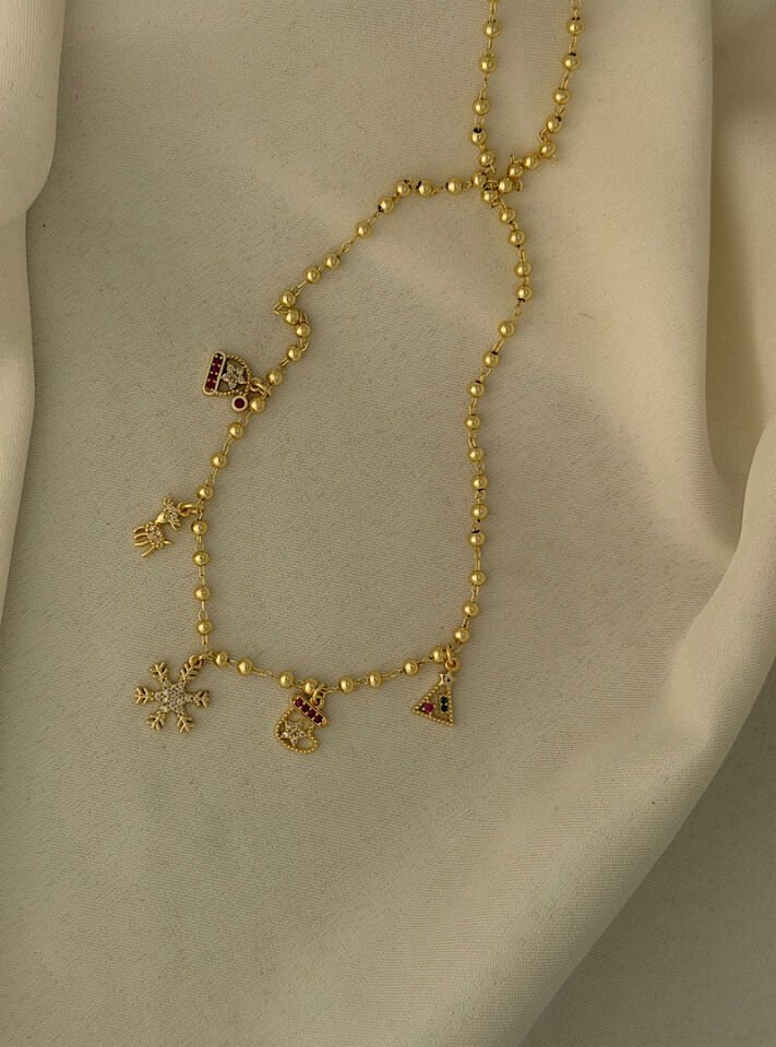 Yılbaşı Figürlü  ve Taşlı Kar Tanesi Charm Kolye