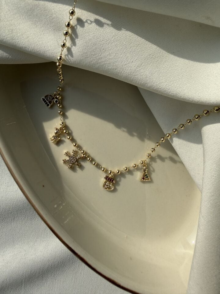 Yılbaşı Figürlü  ve Taşlı Kar Tanesi Charm Kolye