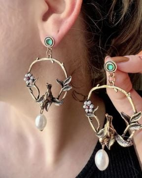 Vintage Kuş Tasarım Küpe