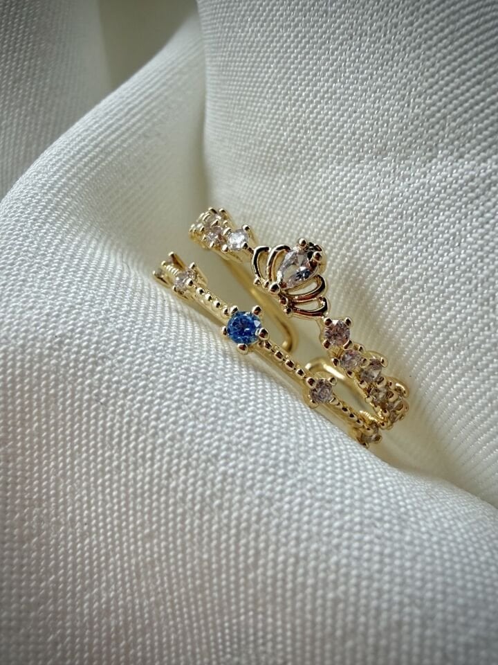 Vintage Taç Detaylı Mavi Taşlı Yüzük