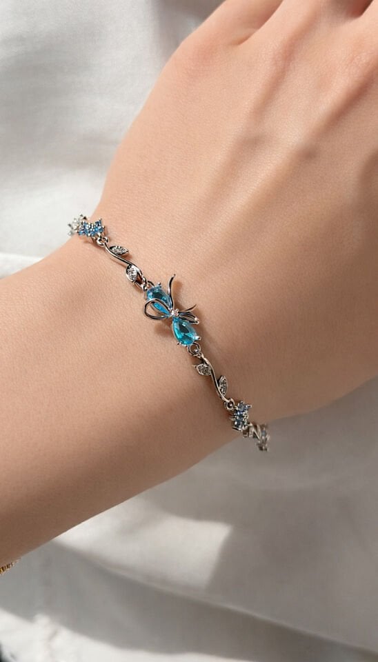 Mavi Taşlı Fiyonk Detaylı Yaprak Tasarım Bileklik