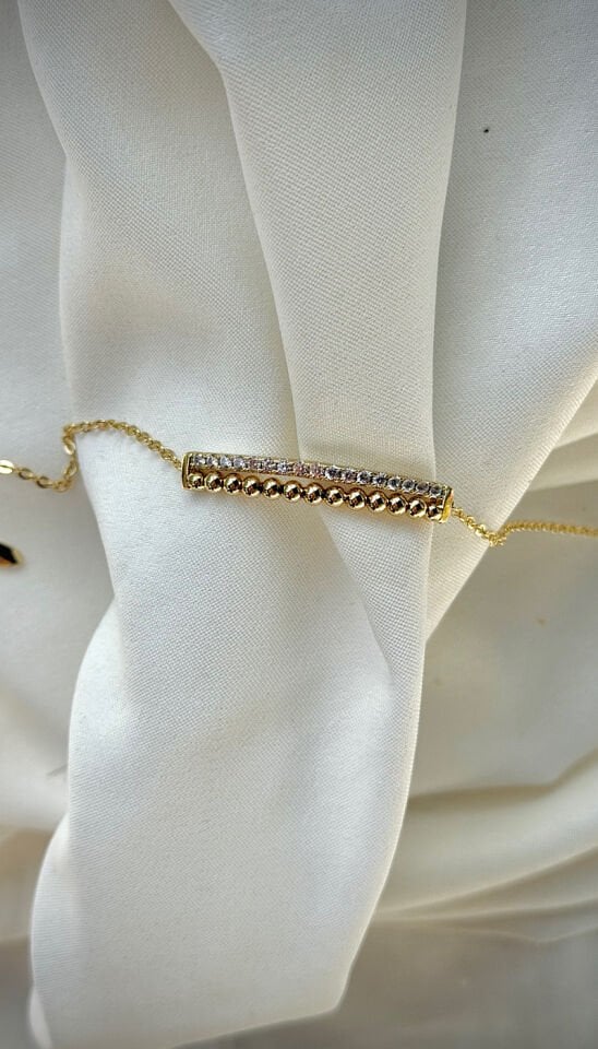 Retro Bar Zirkon Detaylı Gold Vintage Bileklik