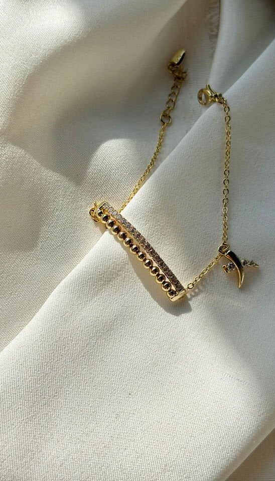 Retro Bar Zirkon Detaylı Gold Vintage Bileklik