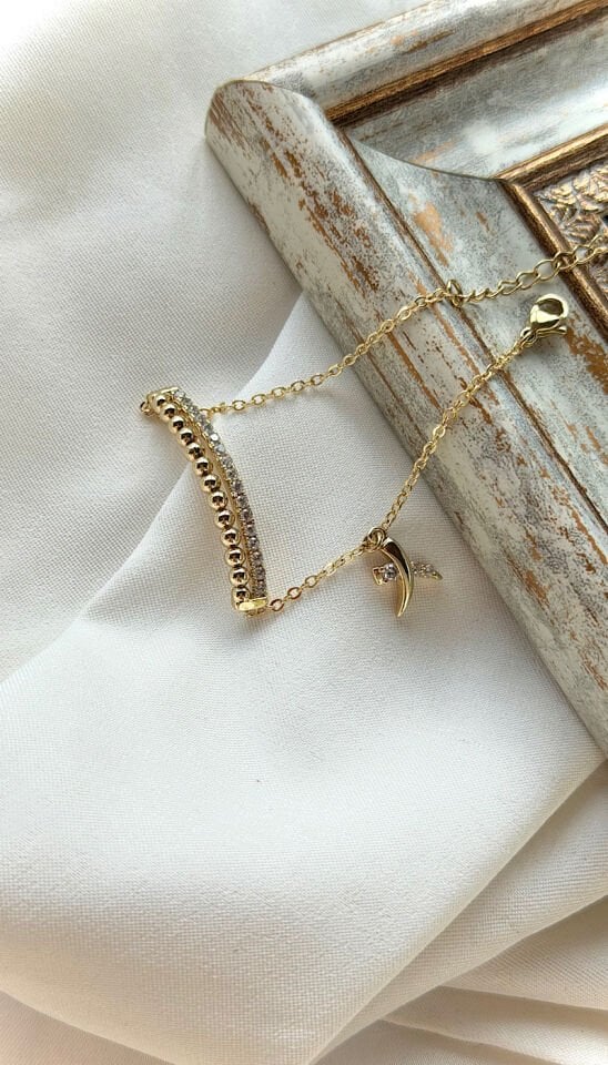 Retro Bar Zirkon Detaylı Gold Vintage Bileklik