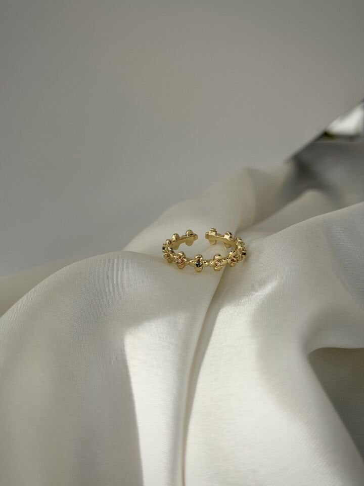 Vintage Mini Çiçek Detaylı Renkli Minimal Yüzük