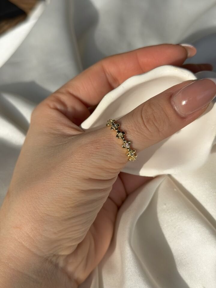 Vintage Mini Çiçek Detaylı Renkli Minimal Yüzük
