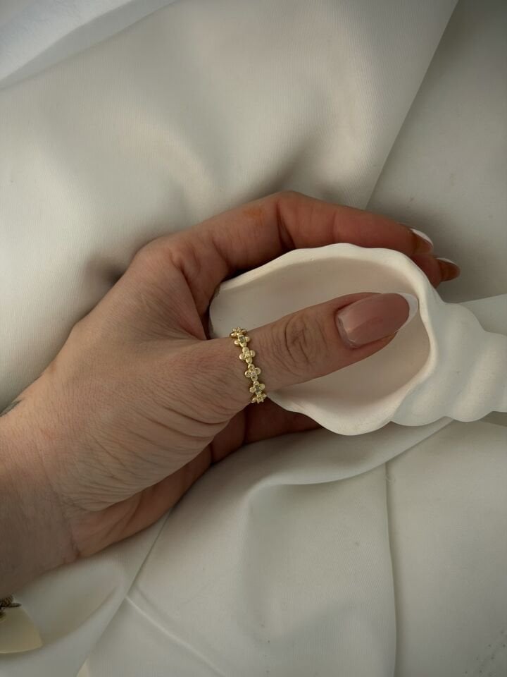 Vintage Mini Çiçek Detaylı Renkli Minimal Yüzük