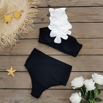 Beyaz Çiçek Tasarım Bandaj Bikini Small