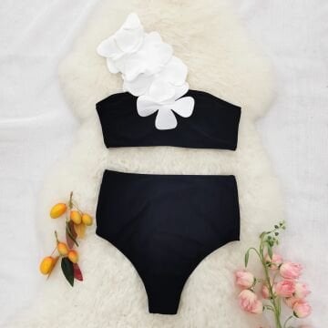 Beyaz Çiçek Tasarım Bandaj Bikini Small