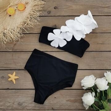 Beyaz Çiçek Tasarım Bandaj Bikini Small