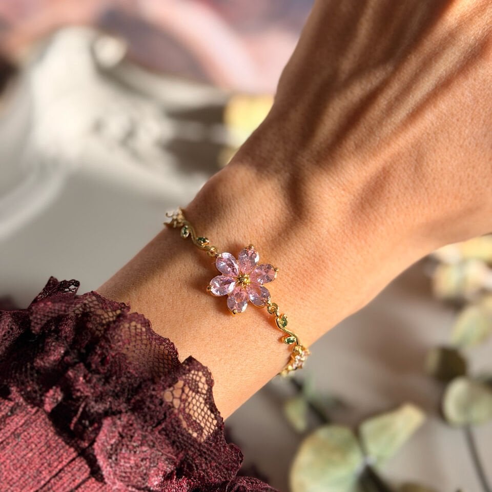 Vintage Pembe Çiçek Tasarım Bileklik