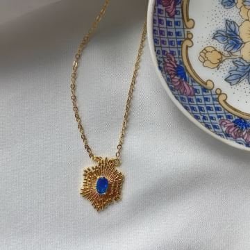 Mavi Taşlı Vintage Çelik Kolye