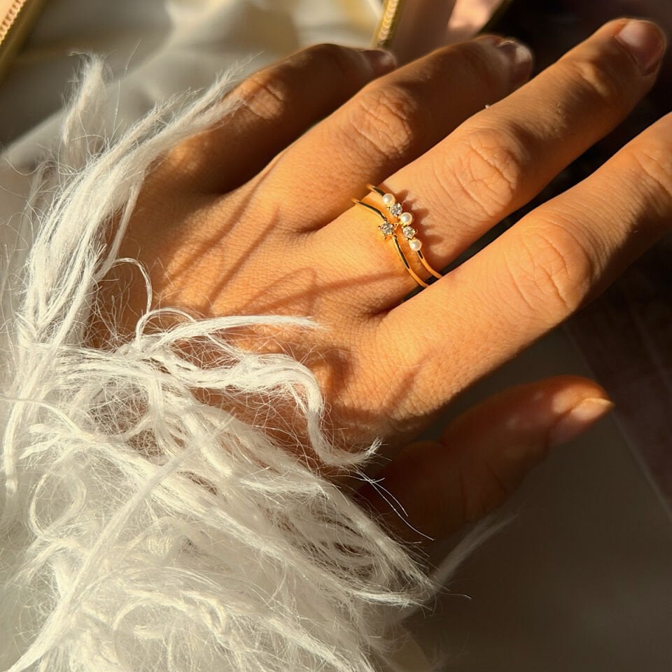 İnci ve Zirkon Taşlı Çift Katmanlı Yüzük