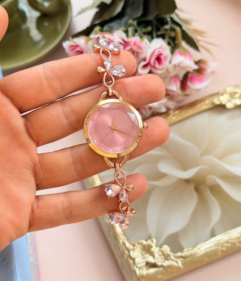 Vintage Rose Gold Taşlı Pembe Kadran Saat