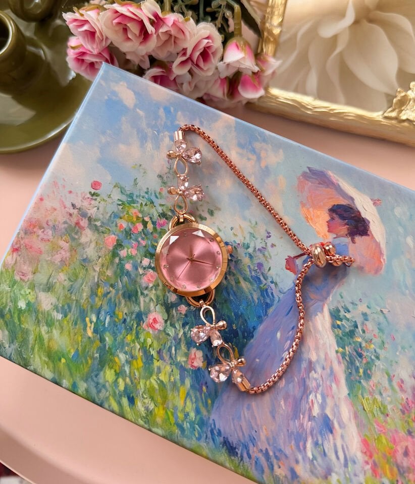 Vintage Rose Gold Taşlı Pembe Kadran Saat